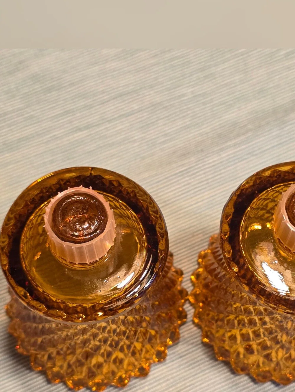 VTG MCM Amber Glass Diamond Point Peg Candle Cups Set Of 2